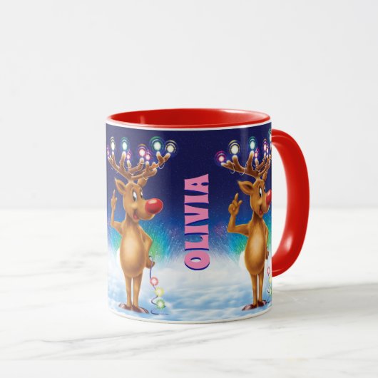 Aangepaste kerstmok, Rudolph en licht. Mok (Voorkant rechts)