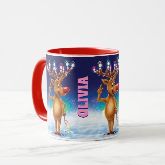 Aangepaste kerstmok, Rudolph en licht. Mok (Voorkant links)