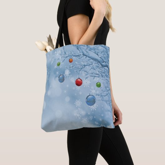 Aangepaste kerstversieringen op Tree w Sneeuwvlokk Tote Bag (Dichtbij)