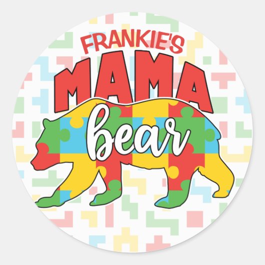 Aangepaste kindernaam Mama Beer Autism Awareness M Ronde Sticker (Voorkant)