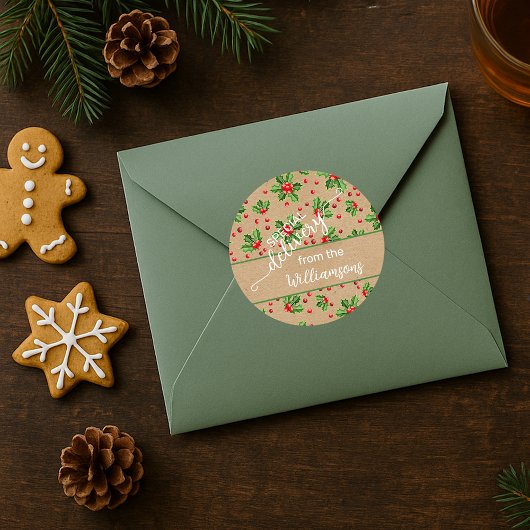 Aangepaste klassieke feestdag Groene Holly Red Ber Ronde Sticker