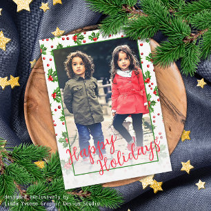 Aangepaste klassieke groene hulst rode bessen feestdagenkaart