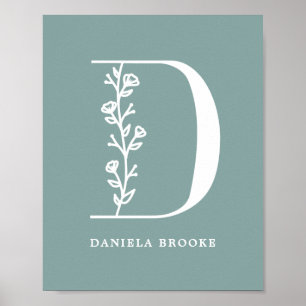 Aangepaste kleur Floral Monogram Letter D Name Nur Poster
