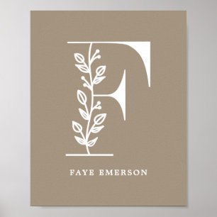 Aangepaste kleur Floral Monogram Letter F Name Nur Poster