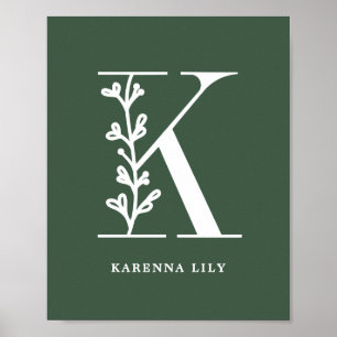 Aangepaste kleur Floral Monogram Letter K Naam Nur Poster