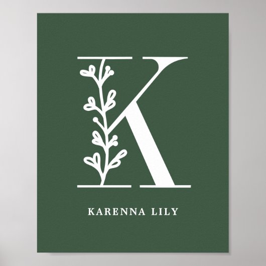Aangepaste kleur Floral Monogram Letter K Naam Nur Poster (Voorkant)