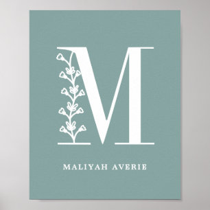 Aangepaste kleur Floral Monogram Letter M Name Nur Poster