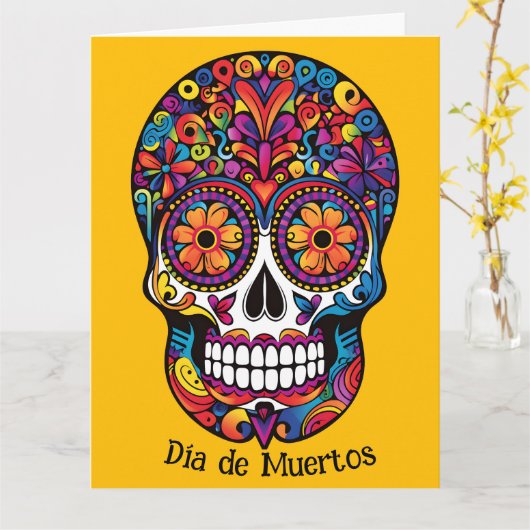 Aangepaste kleur kleurrijke suikerschedel Día de M Kaart (Gele Bloem)