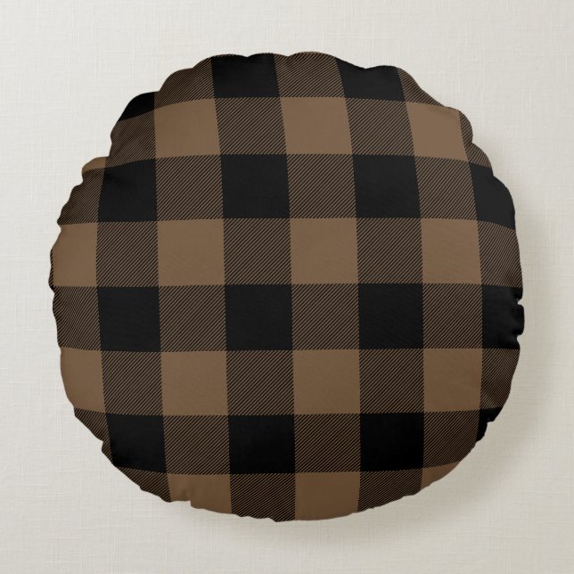 Aangepaste kleur Zwart en Bruin Buffel Check Plake Rond Kussen (Voorkant)
