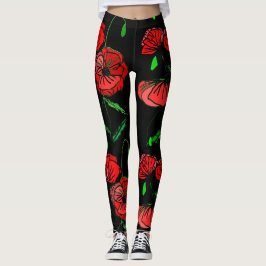Aangepaste kleuren Leggings met Red Poppy Art (Voorkant)