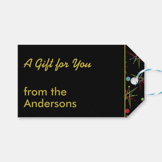 Aangepaste kleuren voor ruimtetijdperk atoomretro- cadeaulabel (Voorkant (Horizontaal))