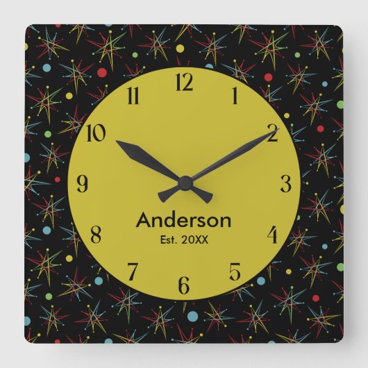 Aangepaste kleuren voor ruimtetijdperk atoomretro- vierkante klok (Voorkant)