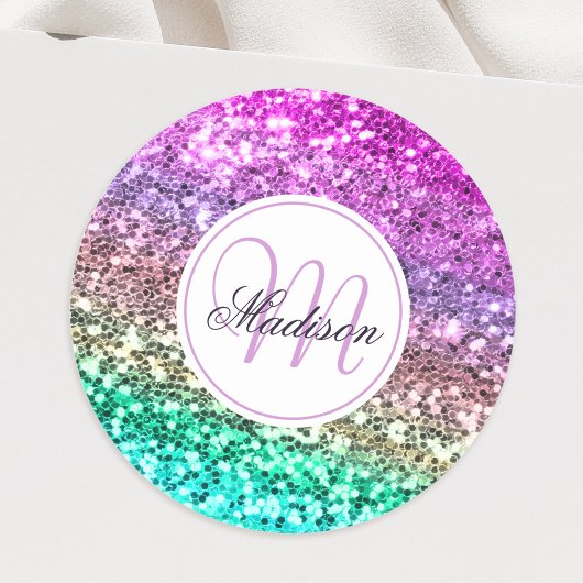 Aangepaste kleurige Glitter Mermaid Monogramname N Ronde Sticker