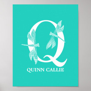 Aangepaste kleurnaam Monogram Letter Q Dragonfly A Poster