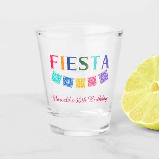 Aangepaste kleurrijke Mexicaanse Fiesta verjaardag Shot Glas (Voorkant)