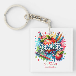 Aangepaste kleurrijke potlood Apple Teacher Waarde Sleutelhanger