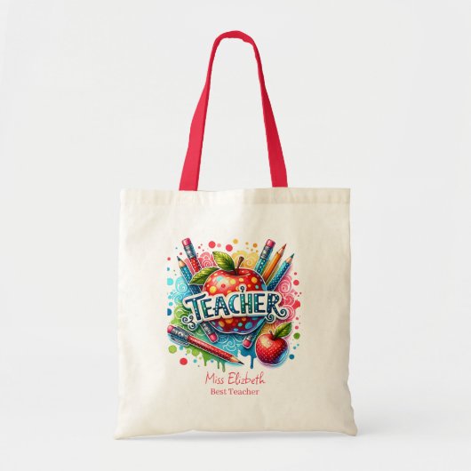 Aangepaste kleurrijke potlood Apple Teacher Waarde Tote Bag (Voorkant)