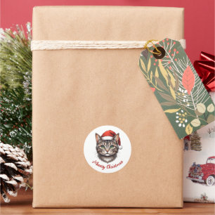 Aangepaste knuffel Kerstkat met kerstmuts Ronde Sticker
