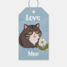 Aangepaste knuffelgrijze kat met Mur en Liefde Cadeaulabel