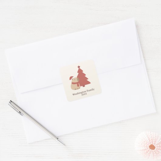 Aangepaste knusse capybara kerst vierkante sticker (Envelop)