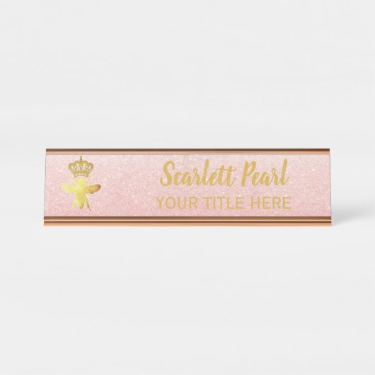 Aangepaste KONINGENBEE Roos Glitter-naamplaathoude Bureau Naambordje (Voorkant)