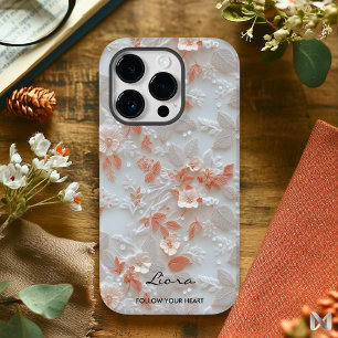 Aangepaste Koraal Geborduurde Bloemen met Quote Case-Mate iPhone 14 Pro Hoesje