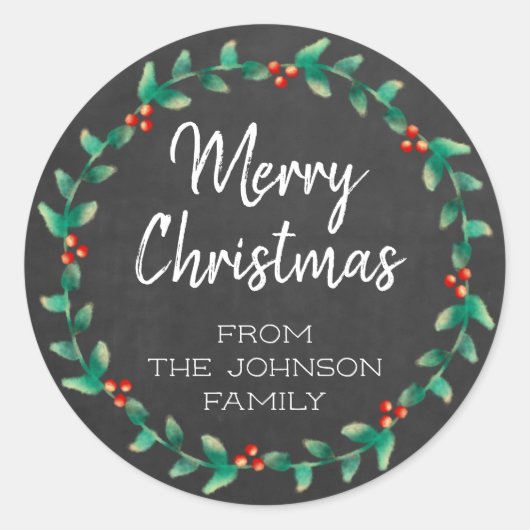 Aangepaste krijtbord Merry Christmas Holly krans Ronde Sticker (Voorkant)