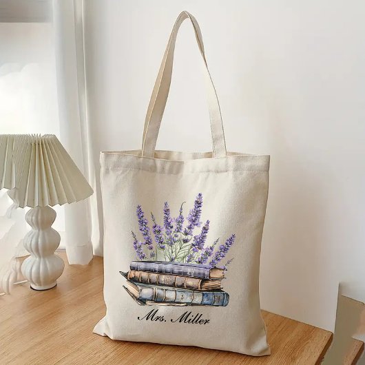 Aangepaste Lavendel Bloemen Boek Canvas tas voor D