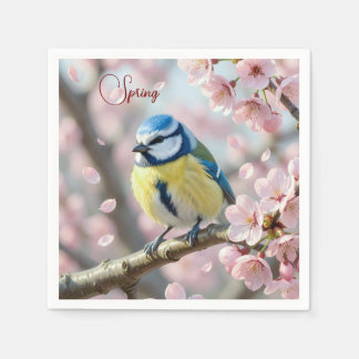 Aangepaste lente-feest blauwe mees op kersenboom servet