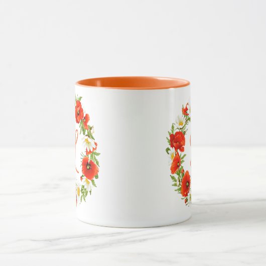 Aangepaste lentepoppies Daisies Monogram WreatArt Mok (Midden)