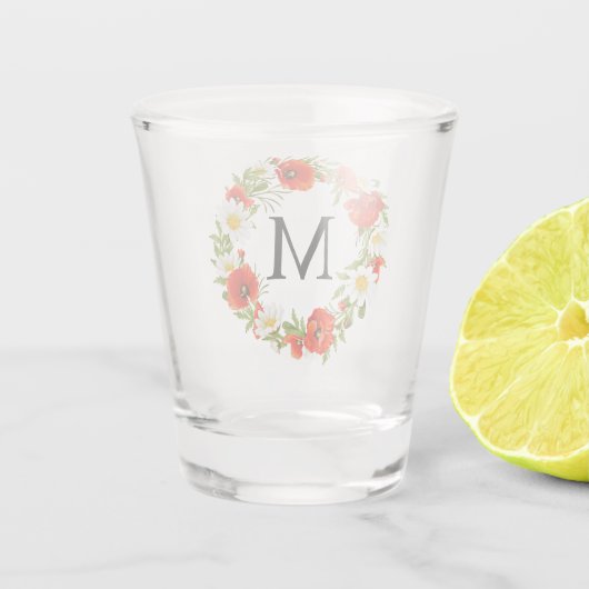 Aangepaste lentepoppies Daisies Monogram Wreate Shot Glas (Achterkant)