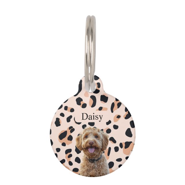 Aangepaste Leopard Print Hondenfoto met naam Huisdierpenning (Voorkant)