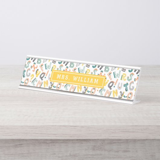 Aangepaste leraar naam Schattige Dino alfabet patr Bureau Naambordje (Voorkant)
