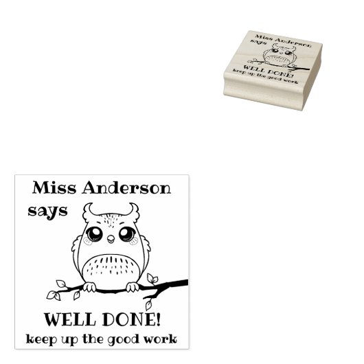Aangepaste leraar zegt goed gedaan uil positieve l 	rubberstempel (Gestempeld)