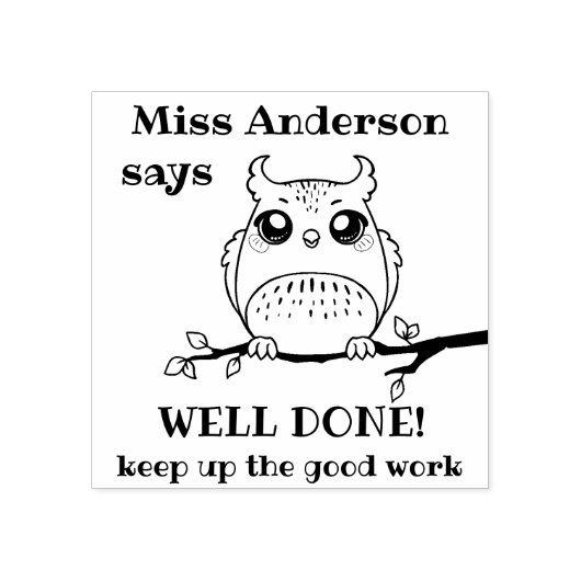 Aangepaste leraar zegt goed gedaan uil positieve l 	rubberstempel (Afrduk)