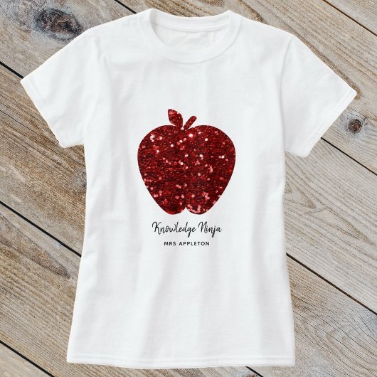 Aangepaste lerarennaam Faux Glitter Red Apple Scho T-shirt