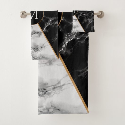 Aangepaste Letter-handdoekset zwart-wit marmer Bad Handdoek (Insitu)