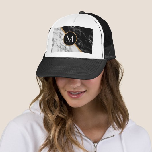 Aangepaste Letter Trucker Hat Black White Marmer Pet (In situ)