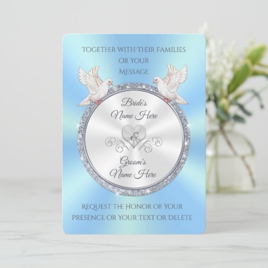 Aangepaste lichtblauwe en witte bruiloft-uitnodigi kaart (Staand voorkant)