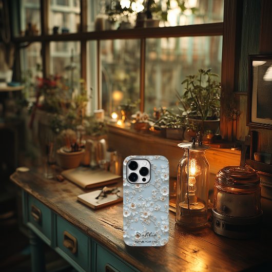 Aangepaste Lichtblauwe Geborduurde Bloemen Motivat Case-Mate iPhone Case