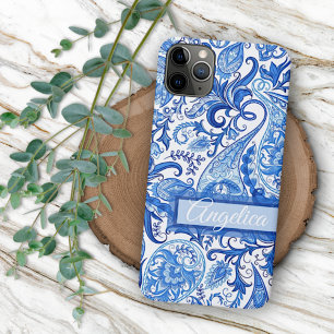 Aangepaste lichte donkerblauwe witte bloemrijke pa iPhone 16 pro max hoesje