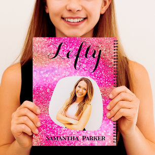 Aangepaste Linkshandige Roze Glitter Sparkle Naam Notitieboek