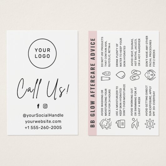 Aangepaste Logo BB Glow Aftercare Instructions Kaa Visitekaartje (Voorkant /achterkant)
