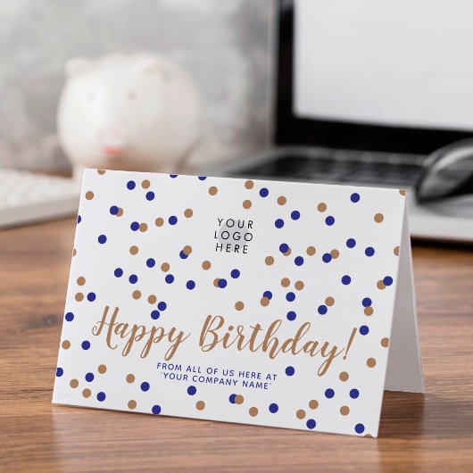 Aangepaste Logo Blue Gold Confetti Happy Birthday Kaart