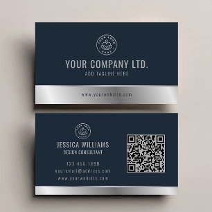 Aangepaste Logo Elegant Blauw Zilver QR Code Visitekaartje