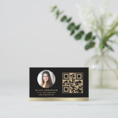 Aangepaste Logo Elegant Zwart Goud QR Code Foto Visitekaartje (Staand voorkant)