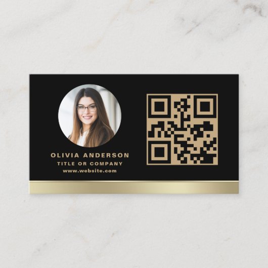 Aangepaste Logo Elegant Zwart Goud QR Code Foto Visitekaartje (Voorkant)