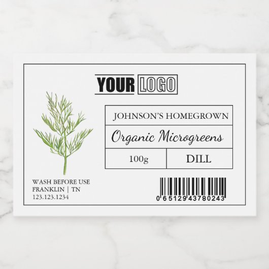 Aangepaste Logo en streepjescode Dill Microgreens Voedselcontainer Etiket (Enkel label)