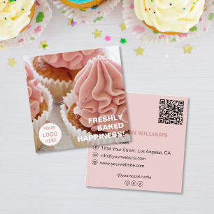 Aangepaste Logo Foto QR Roze Bakkerij Vierkante Visitekaartje