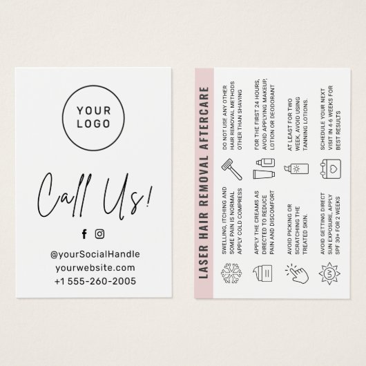 Aangepaste Logo-laserhaarverwijderaar nazorg Kaart (Voorkant /achterkant)